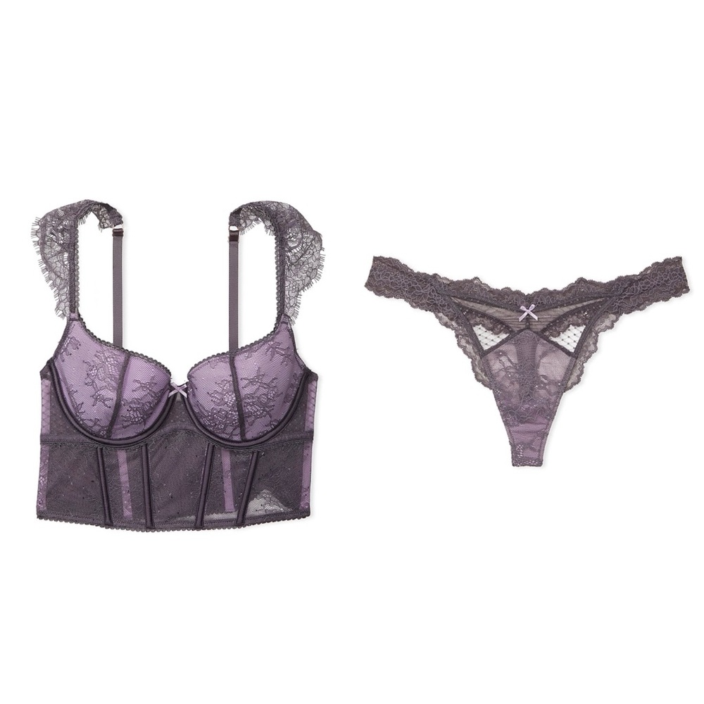 New DREAM ANGELS Lace Cap-Sleeve Corset Top & Lace & Mesh Thong Panty